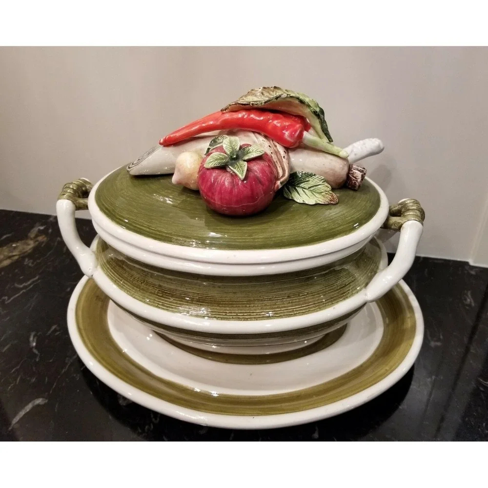 Capodimonte Garden Harvest Soup Tureen w Ladel & Lid& Plate Hand-Painted